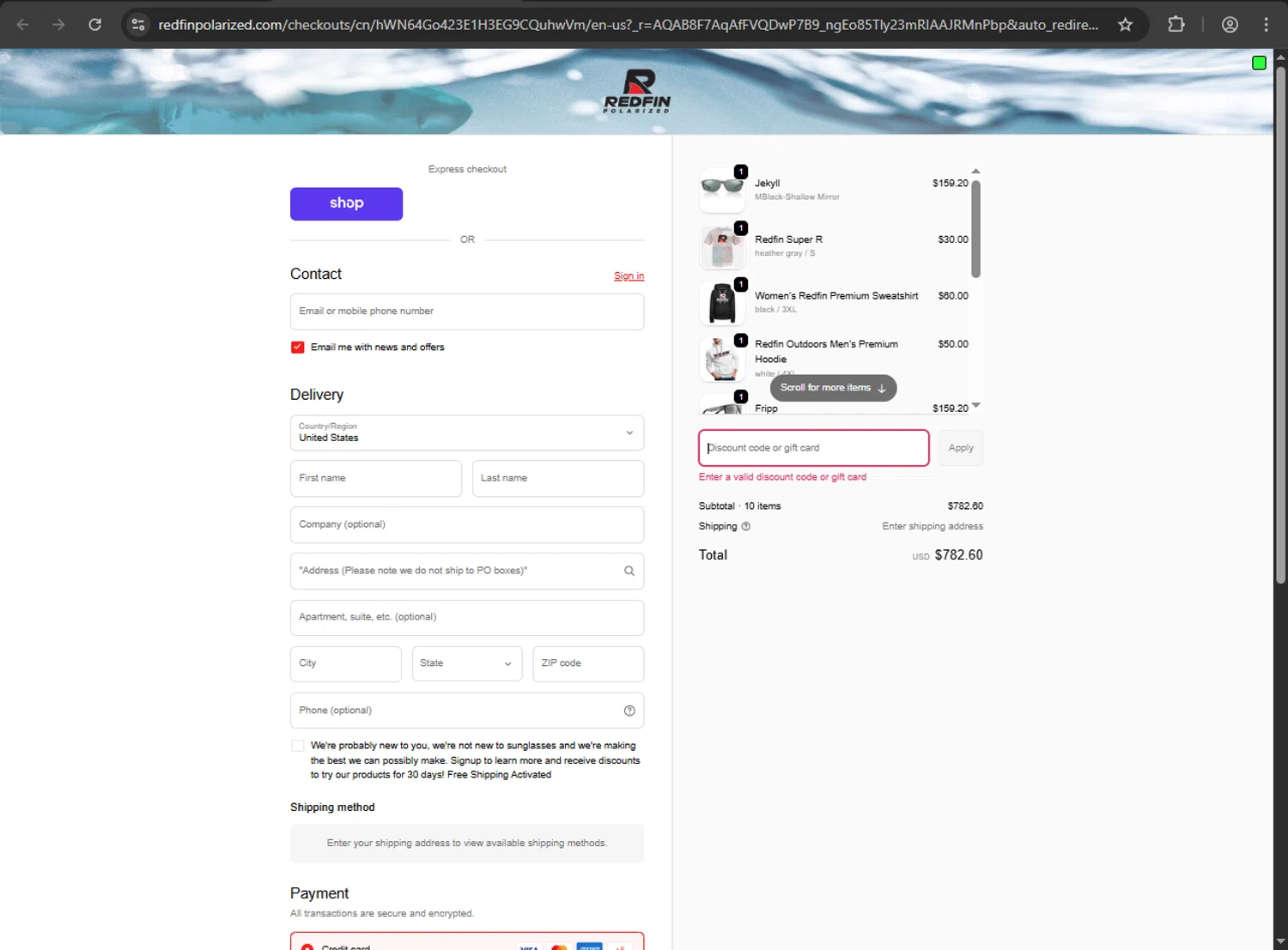 RedFin Polarized promo code screenshot showing code WELCOME10 applied at RedFin Polarized checkout page. Uploaded by SimplyCodes community member yessy37 on Dec 5, 2025