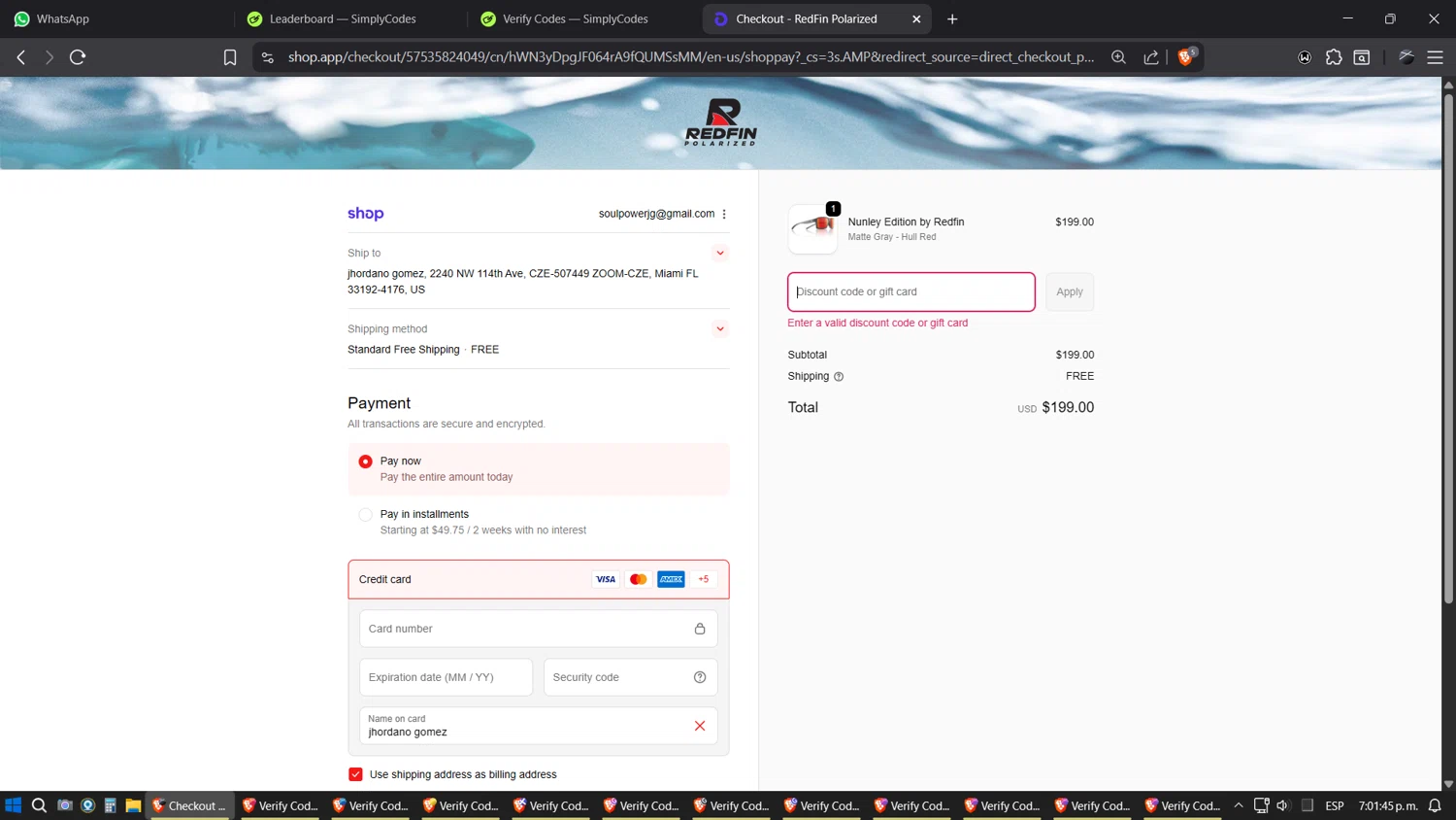 RedFin Polarized promo code screenshot showing code SUMMER25 applied at RedFin Polarized checkout page. Uploaded by SimplyCodes community member SimplyGOAT on Oct 10, 2025