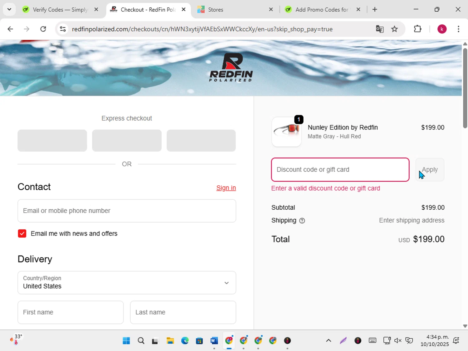 RedFin Polarized promo code screenshot showing code SUMMER25 applied at RedFin Polarized checkout page. Uploaded by SimplyCodes community member karoline on Oct 10, 2025