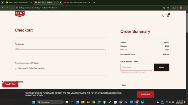 Red Kap checkout page showing Red Kap promo code box | Screenshot taken by SimplyCodes community member on Aug 30, 2025