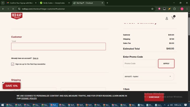 Red Kap checkout page showing Red Kap promo code box | Screenshot taken by SimplyCodes community member on Jun 19, 2025