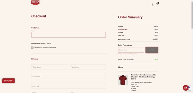 Red Kap checkout page showing Red Kap promo code box | Screenshot taken by SimplyCodes community member on Jun 8, 2025