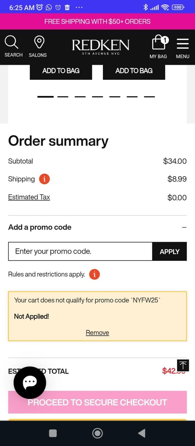 Redken checkout page showing Redken promo code box | Screenshot taken by SimplyCodes community member on Sep 8, 2025