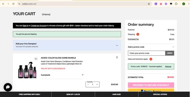 Redken checkout page showing Redken promo code box | Screenshot taken by SimplyCodes community member on Aug 14, 2025