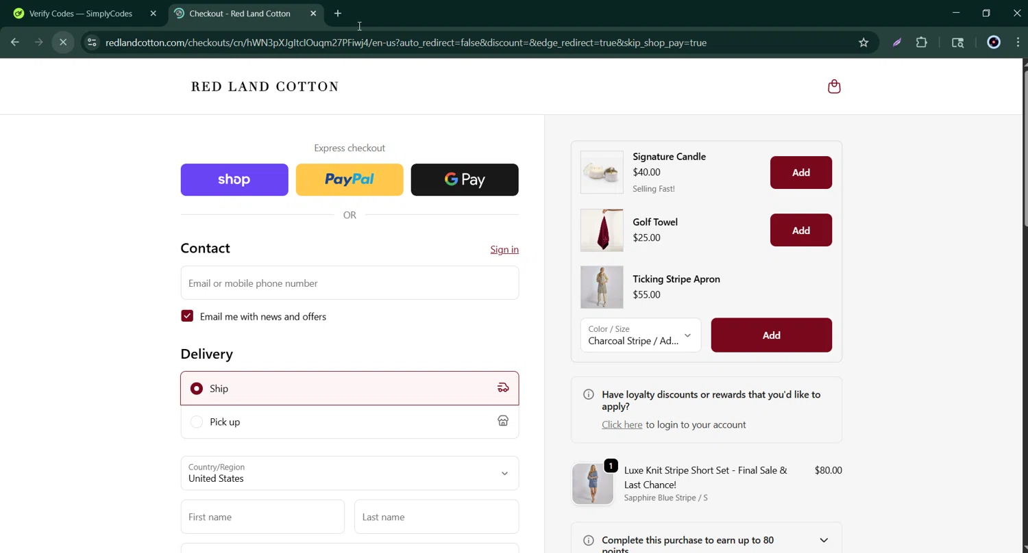 Red Land Cotton discount code screenshot showing code COTTON applied at Red Land Cotton checkout page. Uploaded by SimplyCodes community member Bernard_Lowe on Oct 7, 2025