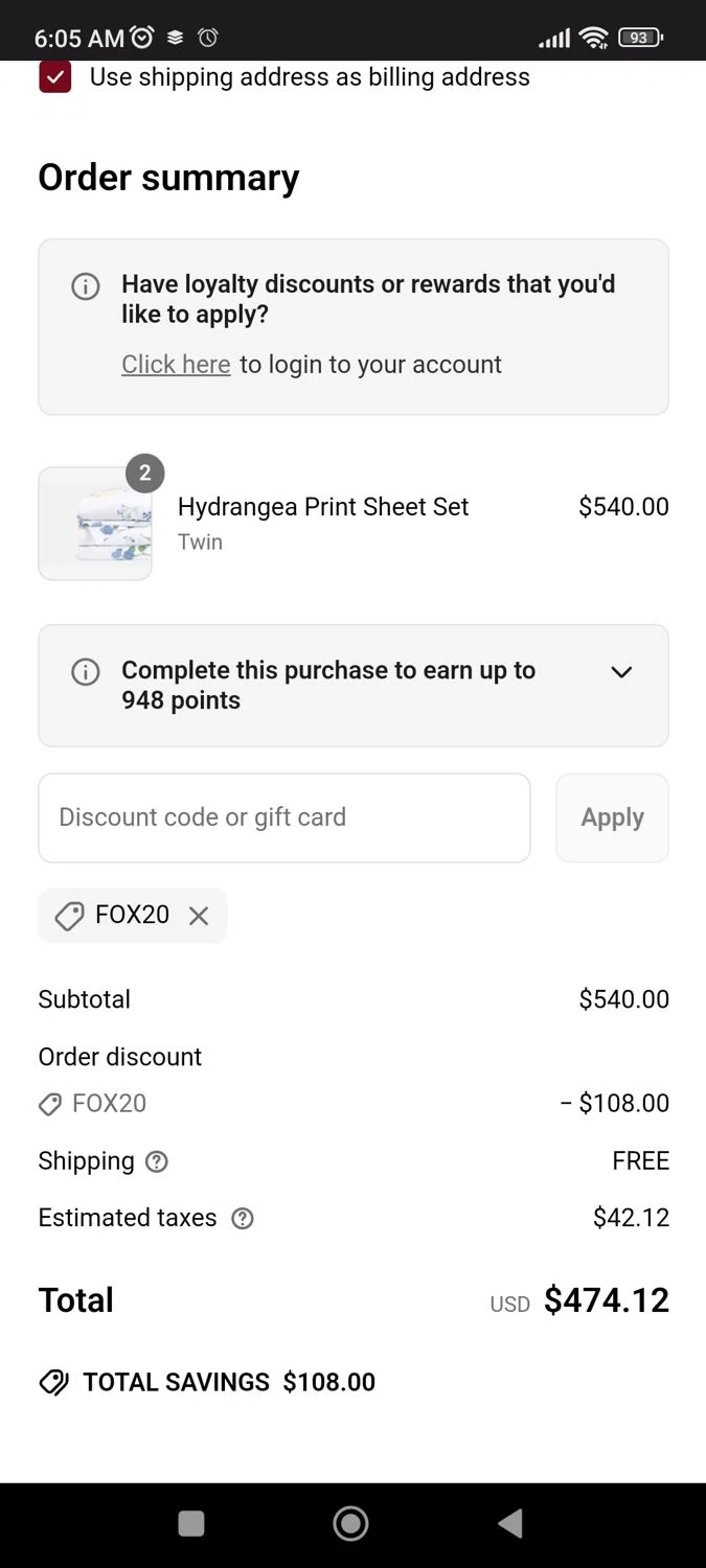 Red Land Cotton discount code screenshot showing code FOX20 applied at Red Land Cotton checkout page. Uploaded by SimplyCodes community member CrownLion2750 on Jun 12, 2025