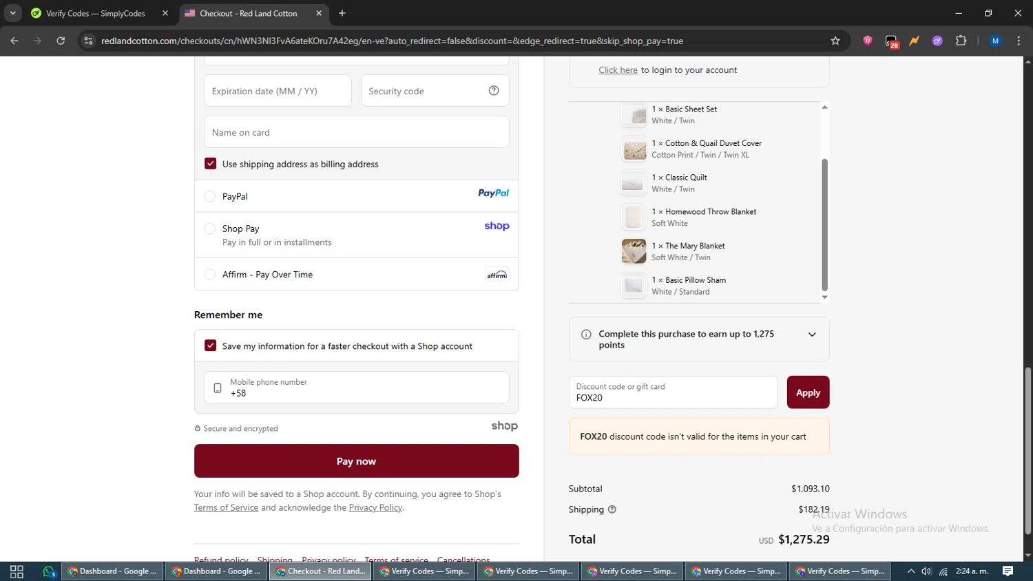 Red Land Cotton discount code screenshot showing code FOX20 applied at Red Land Cotton checkout page. Uploaded by SimplyCodes community member EpicVoyager2820 on Sep 25, 2025