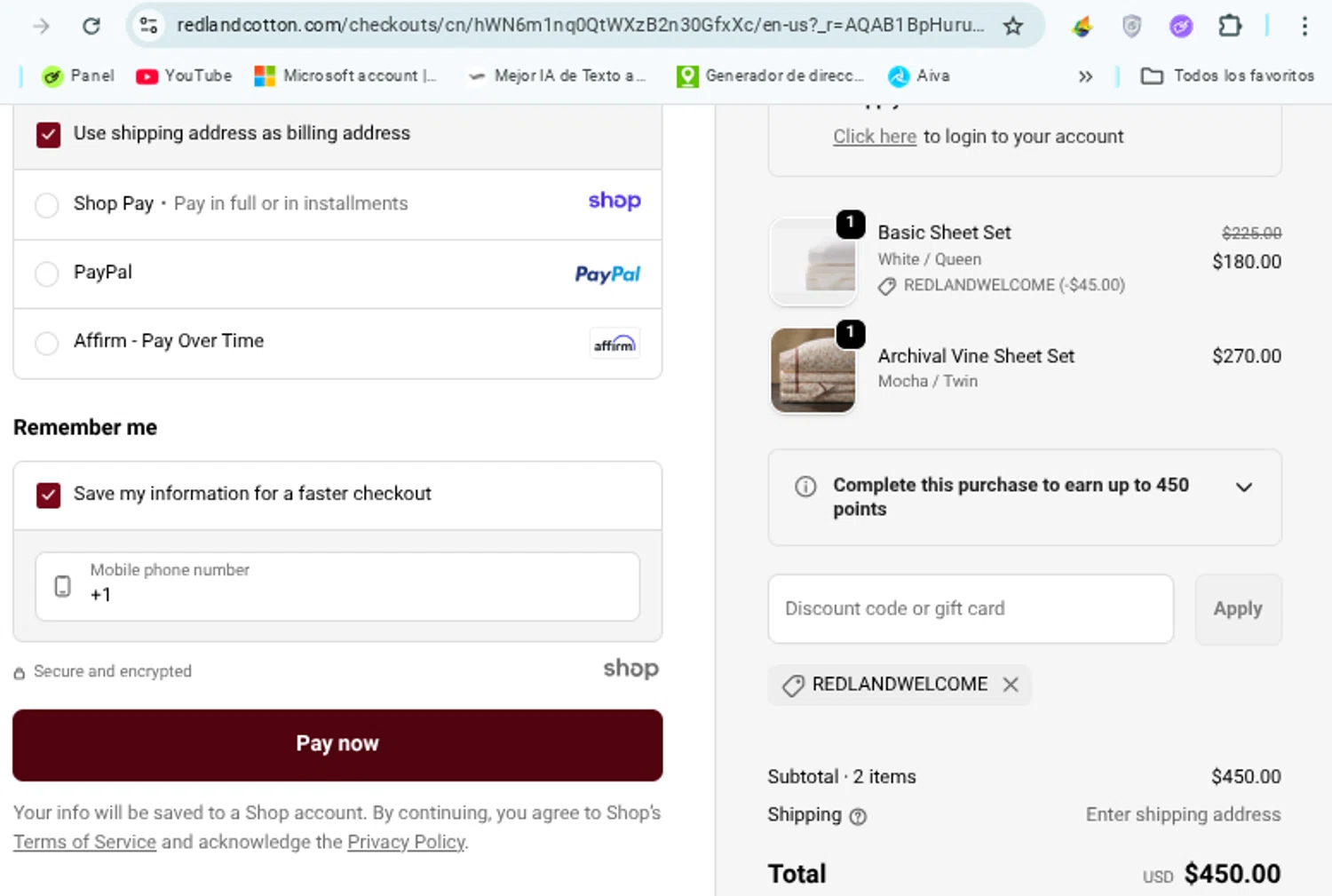 Red Land Cotton discount code screenshot showing code REDLANDWELCOME applied at Red Land Cotton checkout page. Uploaded by SimplyCodes community member Mosue17 on Dec 23, 2025