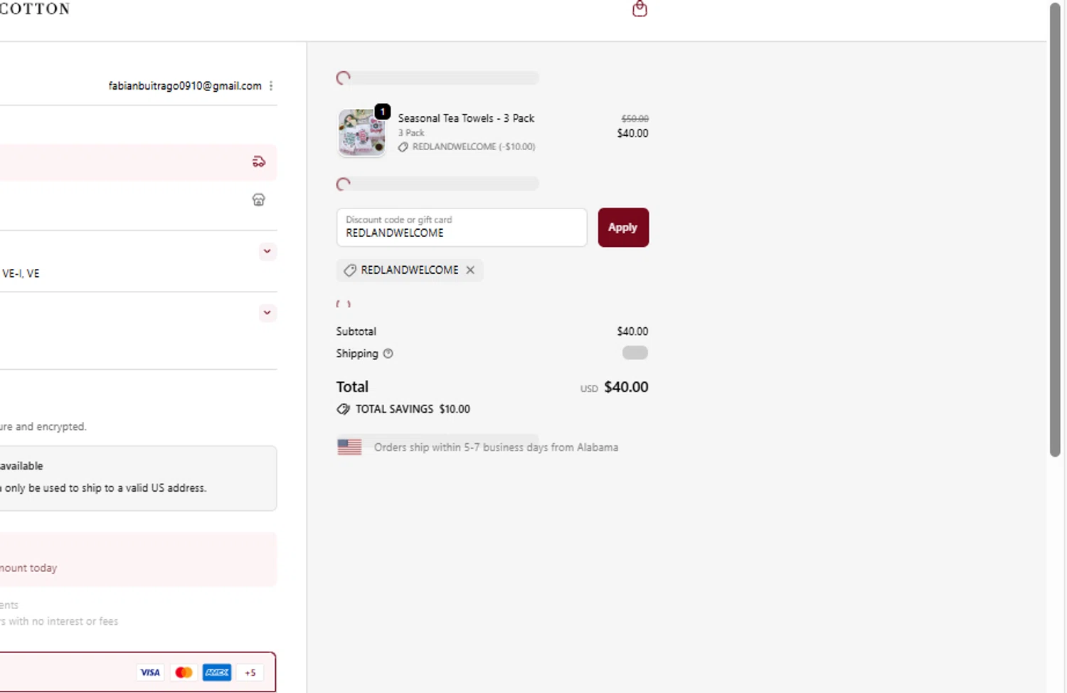 Red Land Cotton discount code screenshot showing code REDLANDWELCOME applied at Red Land Cotton checkout page. Uploaded by SimplyCodes community member fhddfhfdhwert on Oct 7, 2025