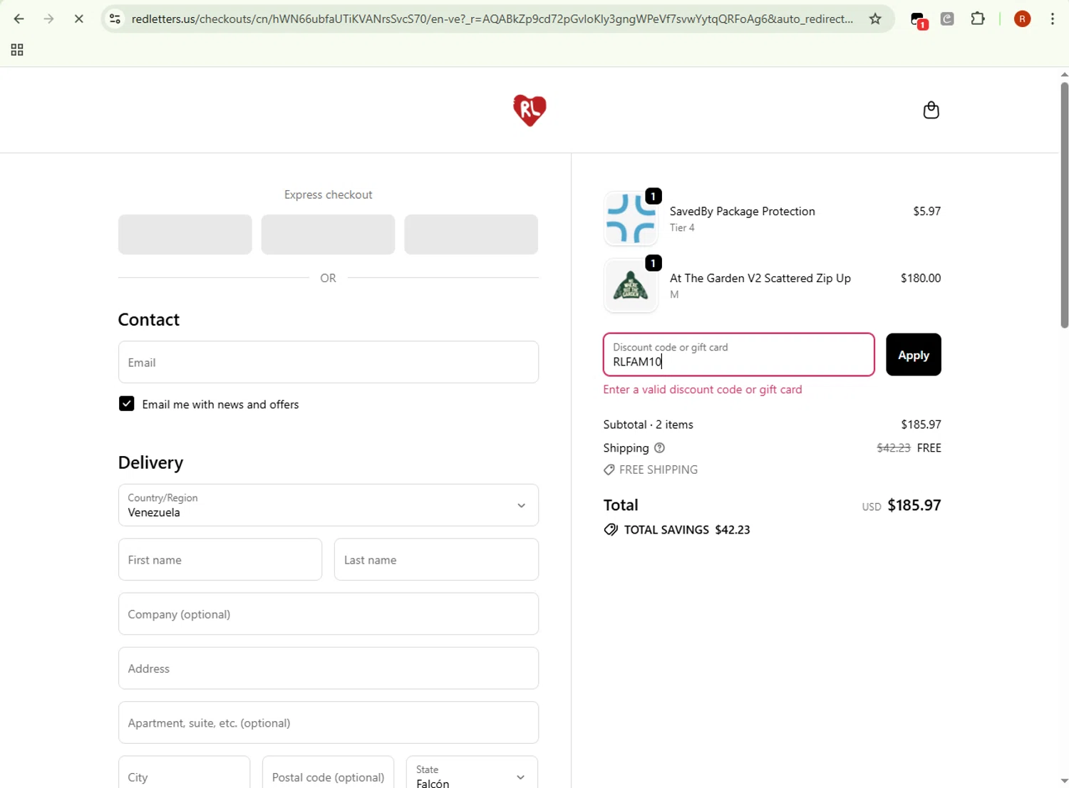 Red Letters discount code screenshot showing code RLFAM10 applied at Red Letters checkout page. Uploaded by SimplyCodes community member BrilliantRanger8168 on Dec 6, 2025