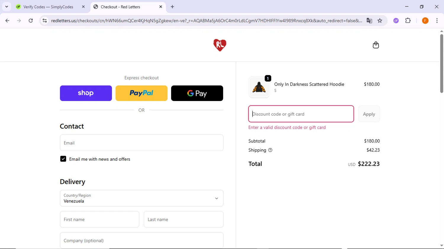 Red Letters discount code screenshot showing code RLFAM10 applied at Red Letters checkout page. Uploaded by SimplyCodes community member TreasureSleuth5198 on Dec 6, 2025