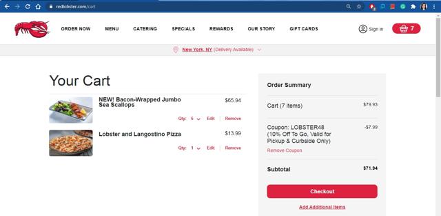Red Lobster checkout page showing Red Lobster coupon code box | Screenshot taken by SimplyCodes community member on Jan 6, 2021