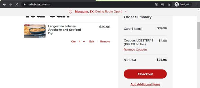 Red Lobster checkout page showing Red Lobster coupon code box | Screenshot taken by SimplyCodes community member on Sep 9, 2020