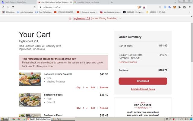 Red Lobster checkout page showing Red Lobster coupon code box | Screenshot taken by SimplyCodes community member on Apr 24, 2022