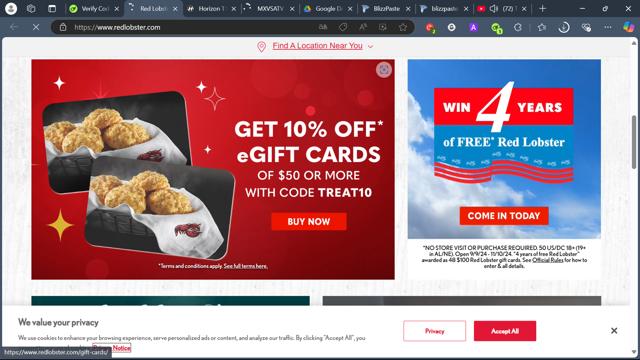 Red Lobster checkout page showing Red Lobster coupon code box | Screenshot taken by SimplyCodes community member on Nov 1, 2024