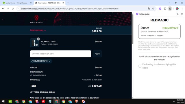 REDMAGIC checkout page showing REDMAGIC discount code box | Screenshot taken by SimplyCodes community member on May 23, 2025