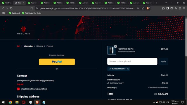 REDMAGIC checkout page showing REDMAGIC discount code box | Screenshot taken by SimplyCodes community member on Apr 9, 2025