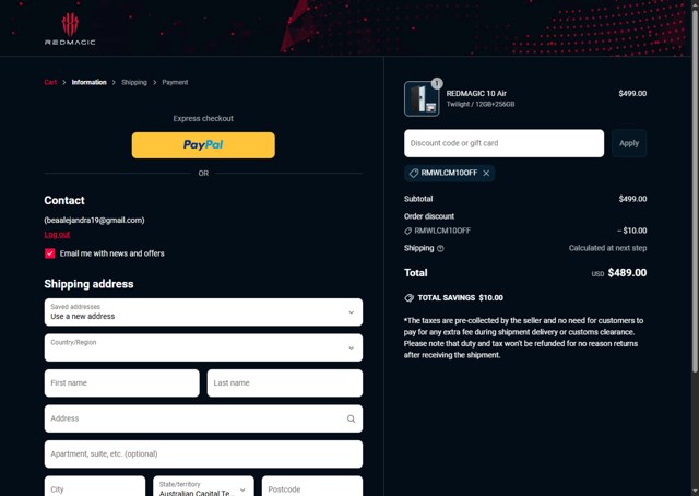 REDMAGIC checkout page showing REDMAGIC discount code box | Screenshot taken by SimplyCodes community member on May 8, 2025