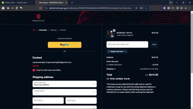 REDMAGIC checkout page showing REDMAGIC discount code box | Screenshot taken by SimplyCodes community member on Sep 1, 2025