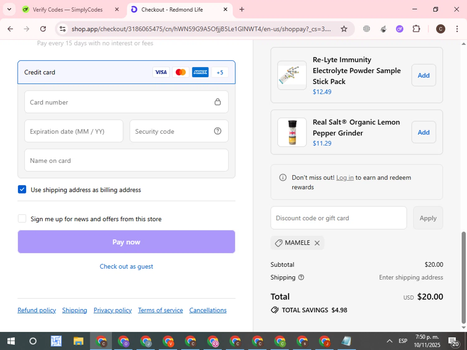 Redmond Life discount code screenshot showing code MAMELE applied at Redmond Life checkout page. Uploaded by SimplyCodes community member WonderCurator7831 on Nov 10, 2025