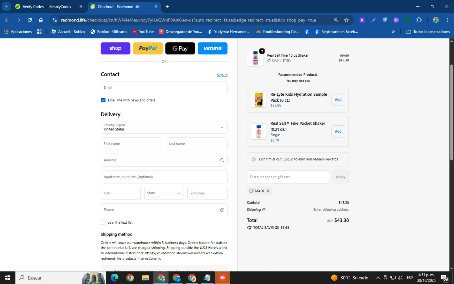Redmond Life discount code screenshot showing code MADI applied at Redmond Life checkout page. Uploaded by SimplyCodes community member helicoide on Oct 28, 2025