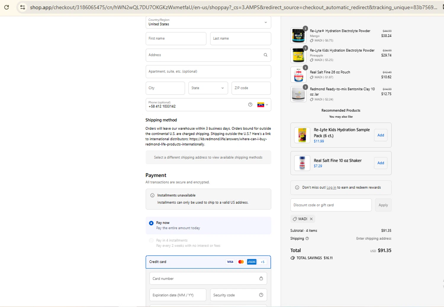 Redmond Life discount code screenshot showing code MADI applied at Redmond Life checkout page. Uploaded by SimplyCodes community member manu_sito20 on Sep 13, 2025