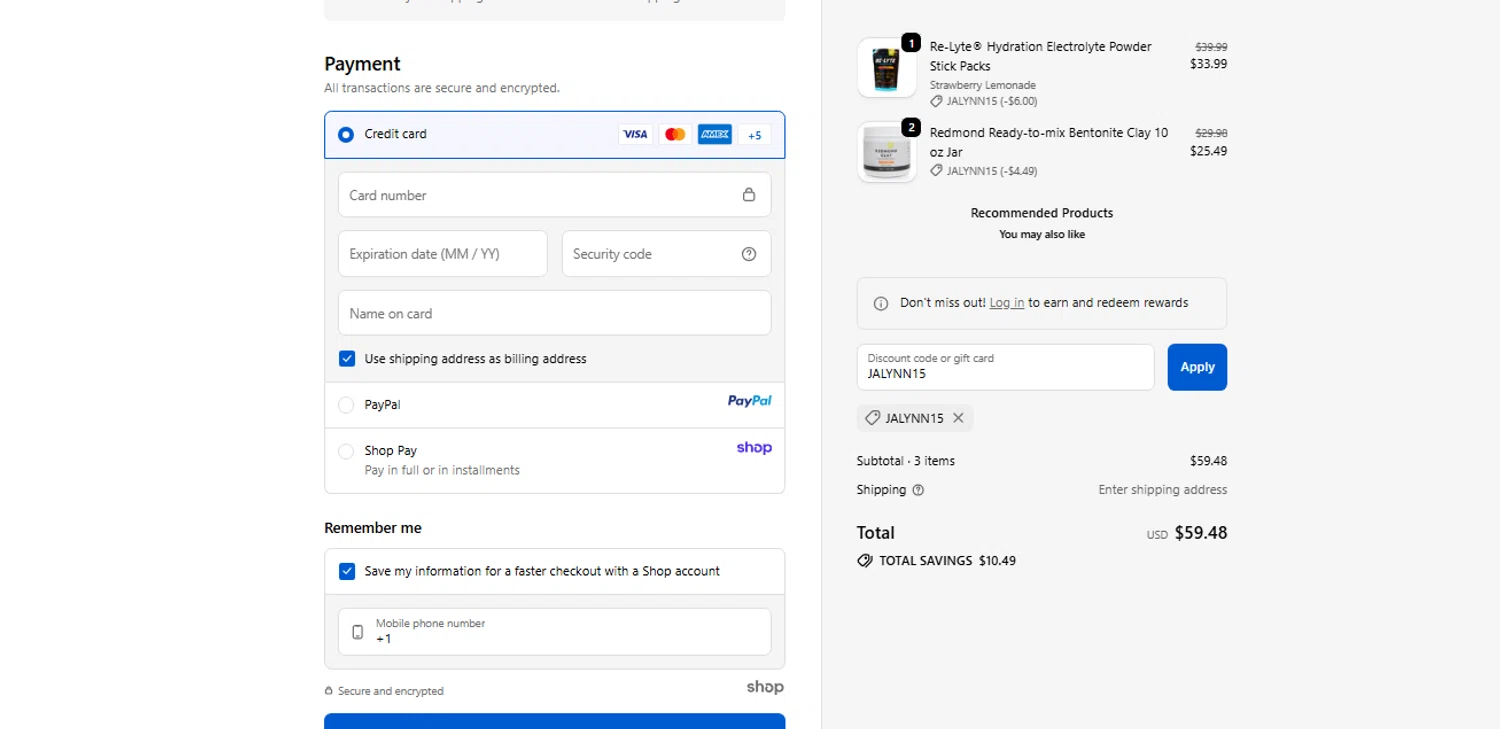 Redmond Life discount code screenshot showing code JALYNN15 applied at Redmond Life checkout page. Uploaded by SimplyCodes community member shark12 on Sep 21, 2025