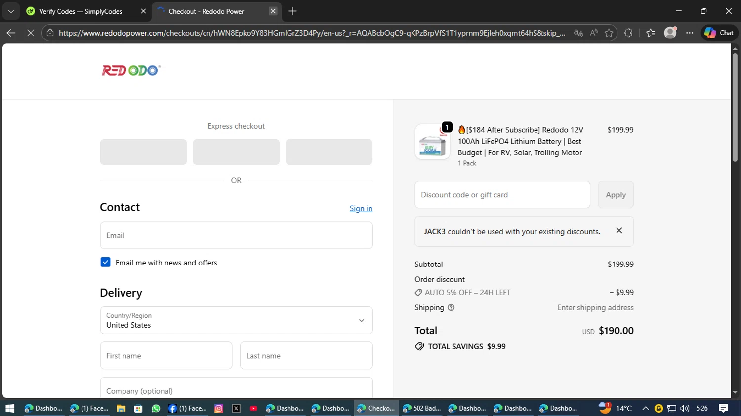 Redodo Power promo code screenshot showing code JACK3 applied at Redodo Power checkout page. Uploaded by SimplyCodes community member Kaizen on Jan 31, 2026