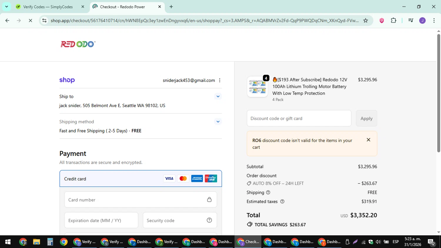 Redodo Power promo code screenshot showing code RO6 applied at Redodo Power checkout page. Uploaded by SimplyCodes community member sniderjack453 on Jan 31, 2026
