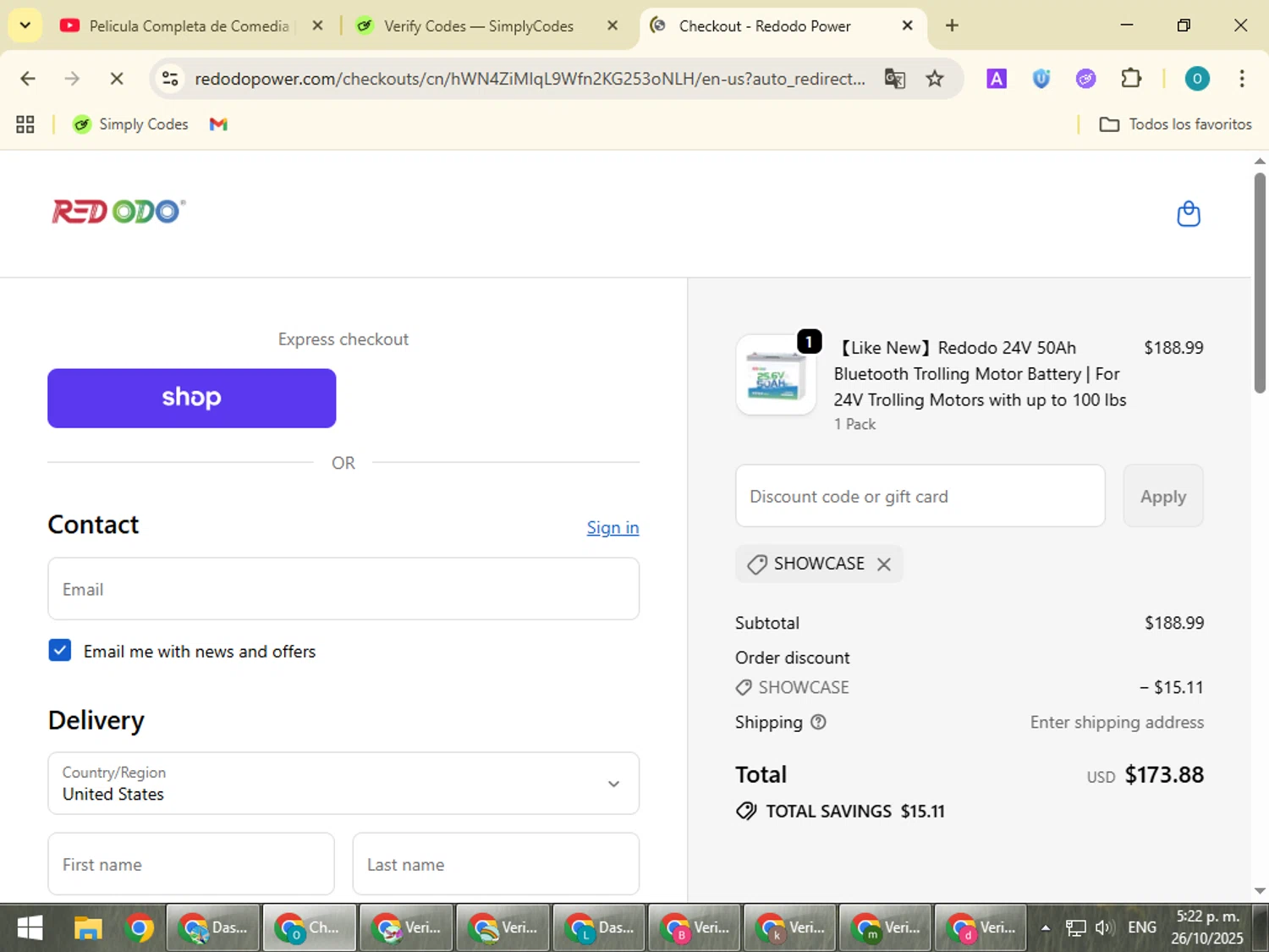 Redodo Power promo code screenshot showing code SHOWCASE applied at Redodo Power checkout page. Uploaded by SimplyCodes community member BudgetSeeker9524 on Oct 26, 2025