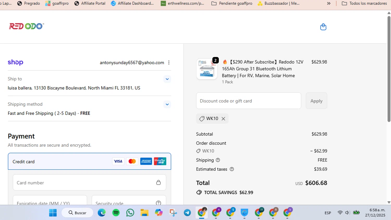 Redodo Power promo code screenshot showing code WK10 applied at Redodo Power checkout page. Uploaded by SimplyCodes community member luisaballera on Dec 27, 2025