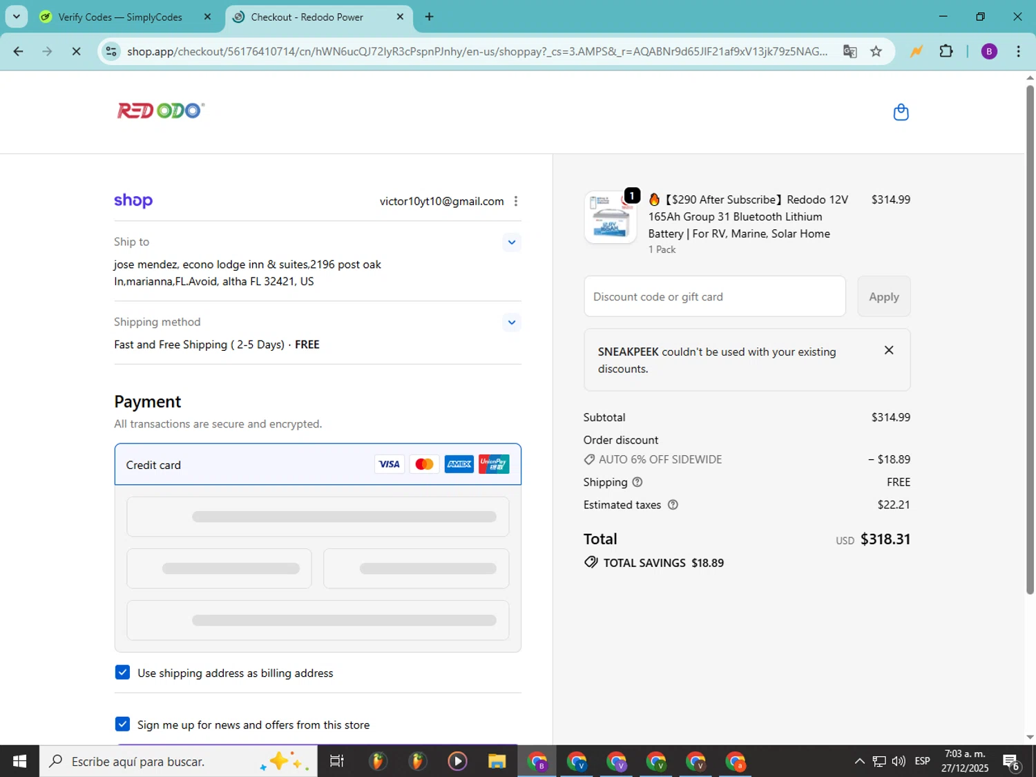Redodo Power promo code screenshot showing code SNEAKPEEK applied at Redodo Power checkout page. Uploaded by SimplyCodes community member Soyvictor on Dec 27, 2025