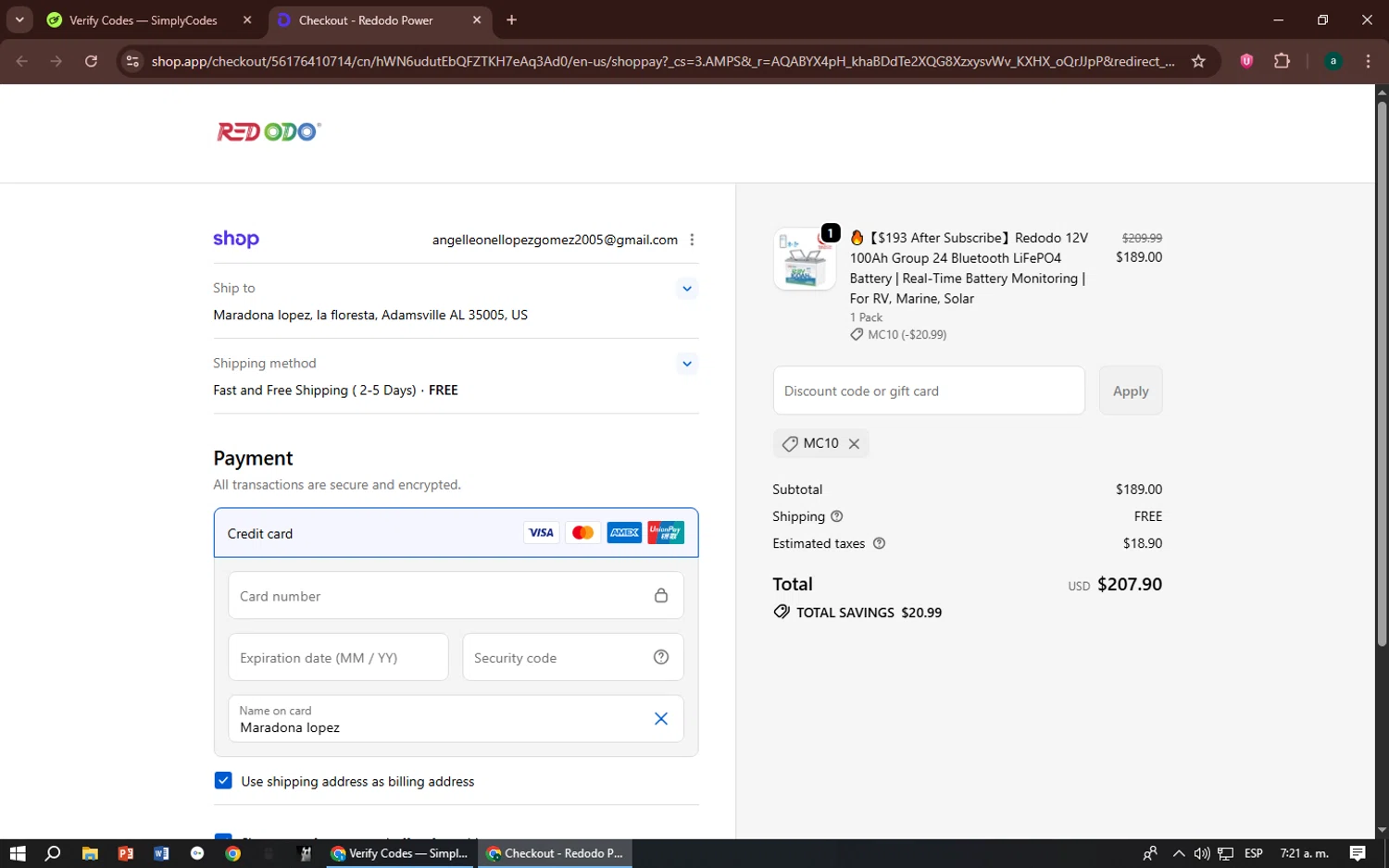 Redodo Power promo code screenshot showing code MC10 applied at Redodo Power checkout page. Uploaded by SimplyCodes community member zizu55 on Dec 27, 2025