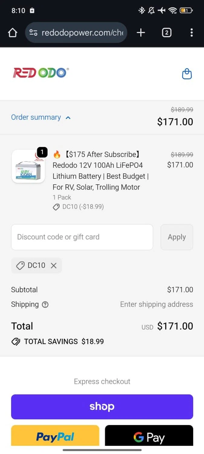 Redodo Power promo code screenshot showing code DC10 applied at Redodo Power checkout page. Uploaded by SimplyCodes community member RoyalSpotter5217 on Dec 21, 2025