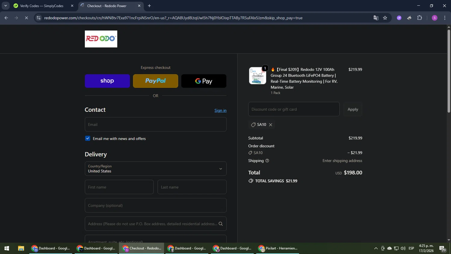 Redodo Power promo code screenshot showing code SA10 applied at Redodo Power checkout page. Uploaded by SimplyCodes community member Son_Goku on Feb 17, 2026