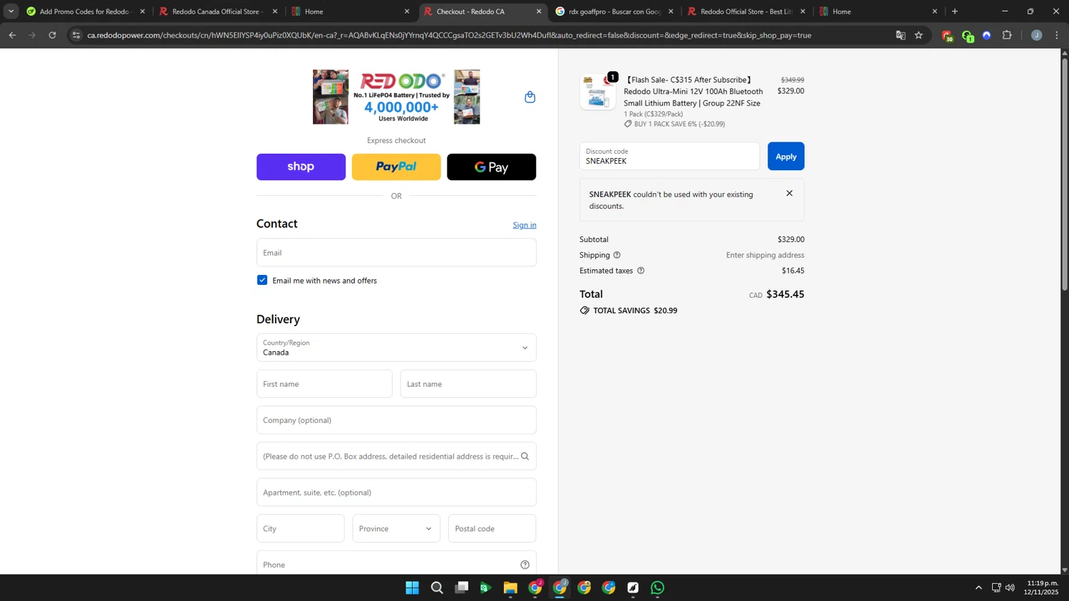Redodo Power promo code screenshot showing code SNEAKPEEK applied at Redodo Power checkout page. Uploaded by SimplyCodes community member Khaiden on Nov 13, 2025