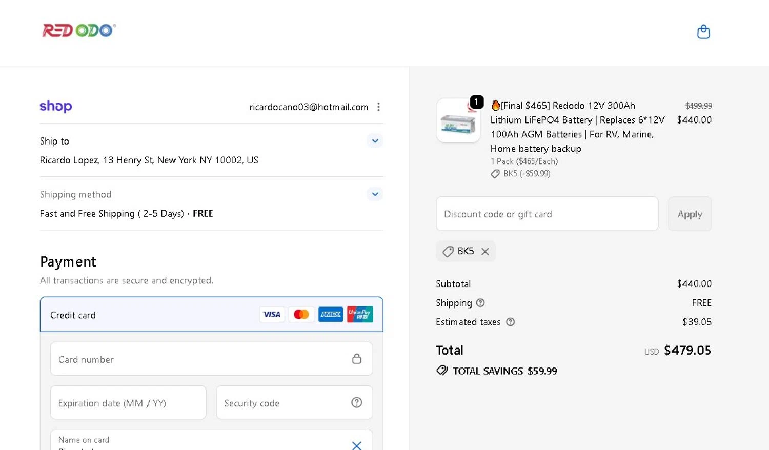 Redodo Power promo code screenshot showing code BK5 applied at Redodo Power checkout page. Uploaded by SimplyCodes community member LAMINEJAMAL on Jan 31, 2026