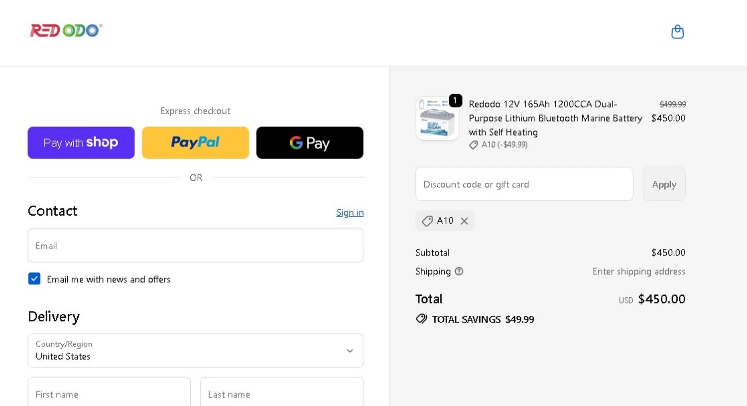 Redodo Power promo code screenshot showing code A10 applied at Redodo Power checkout page. Uploaded by SimplyCodes community member LAMINEJAMAL on Jan 10, 2026