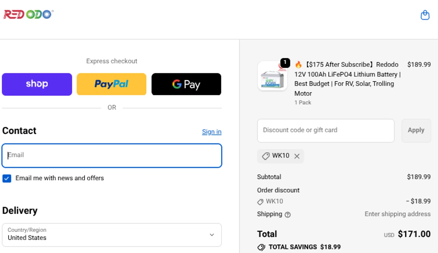 Redodo Power promo code screenshot showing code WK10 applied at Redodo Power checkout page. Uploaded by SimplyCodes community member Mosue17 on Dec 13, 2025
