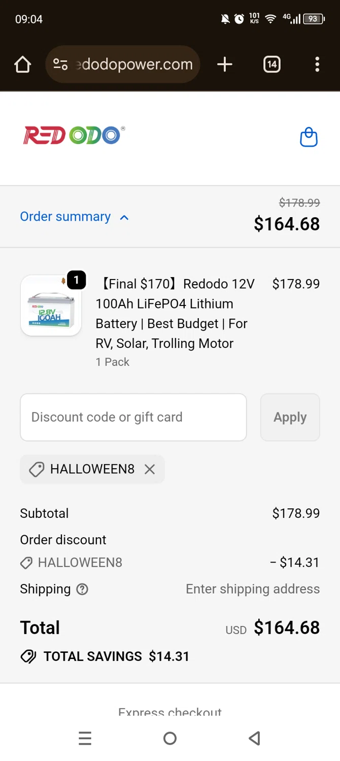 Redodo Power promo code screenshot showing code Halloween8 applied at Redodo Power checkout page. Uploaded by SimplyCodes community member Olivatle on Oct 22, 2025