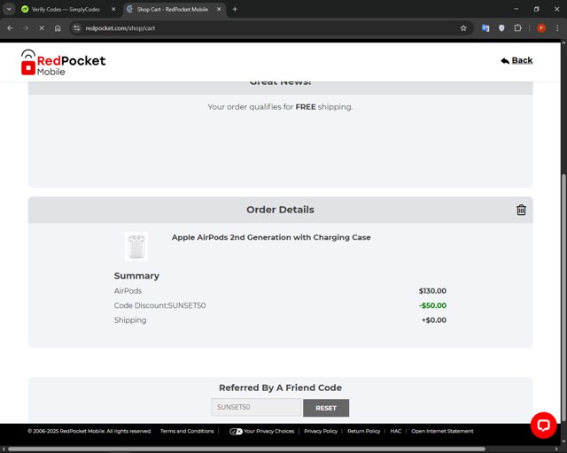 Red Pocket Mobile checkout page showing Red Pocket Mobile promo code box | Screenshot taken by SimplyCodes community member on Mar 31, 2025