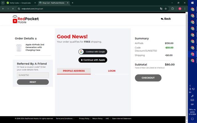 Red Pocket Mobile checkout page showing Red Pocket Mobile promo code box | Screenshot taken by SimplyCodes community member on Dec 5, 2024