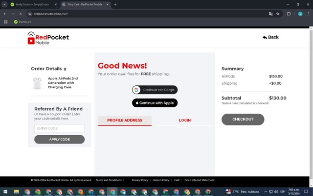 Red Pocket Mobile checkout page showing Red Pocket Mobile promo code box | Screenshot taken by SimplyCodes community member on Dec 5, 2024