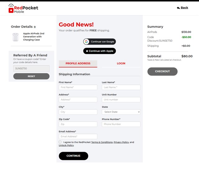 Red Pocket Mobile checkout page showing Red Pocket Mobile promo code box | Screenshot taken by SimplyCodes community member on Nov 25, 2024