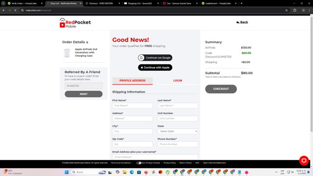 Red Pocket Mobile checkout page showing Red Pocket Mobile promo code box | Screenshot taken by SimplyCodes community member on Jan 1, 2025