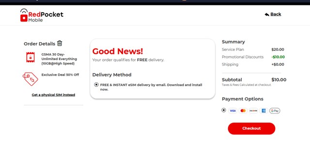 Red Pocket Mobile checkout page showing Red Pocket Mobile promo code box | Screenshot taken by SimplyCodes community member on Mar 24, 2025