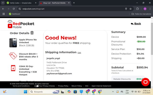 Red Pocket Mobile checkout page showing Red Pocket Mobile promo code box | Screenshot taken by SimplyCodes community member on Feb 27, 2025
