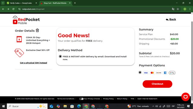 Red Pocket Mobile checkout page showing Red Pocket Mobile promo code box | Screenshot taken by SimplyCodes community member on Mar 24, 2025