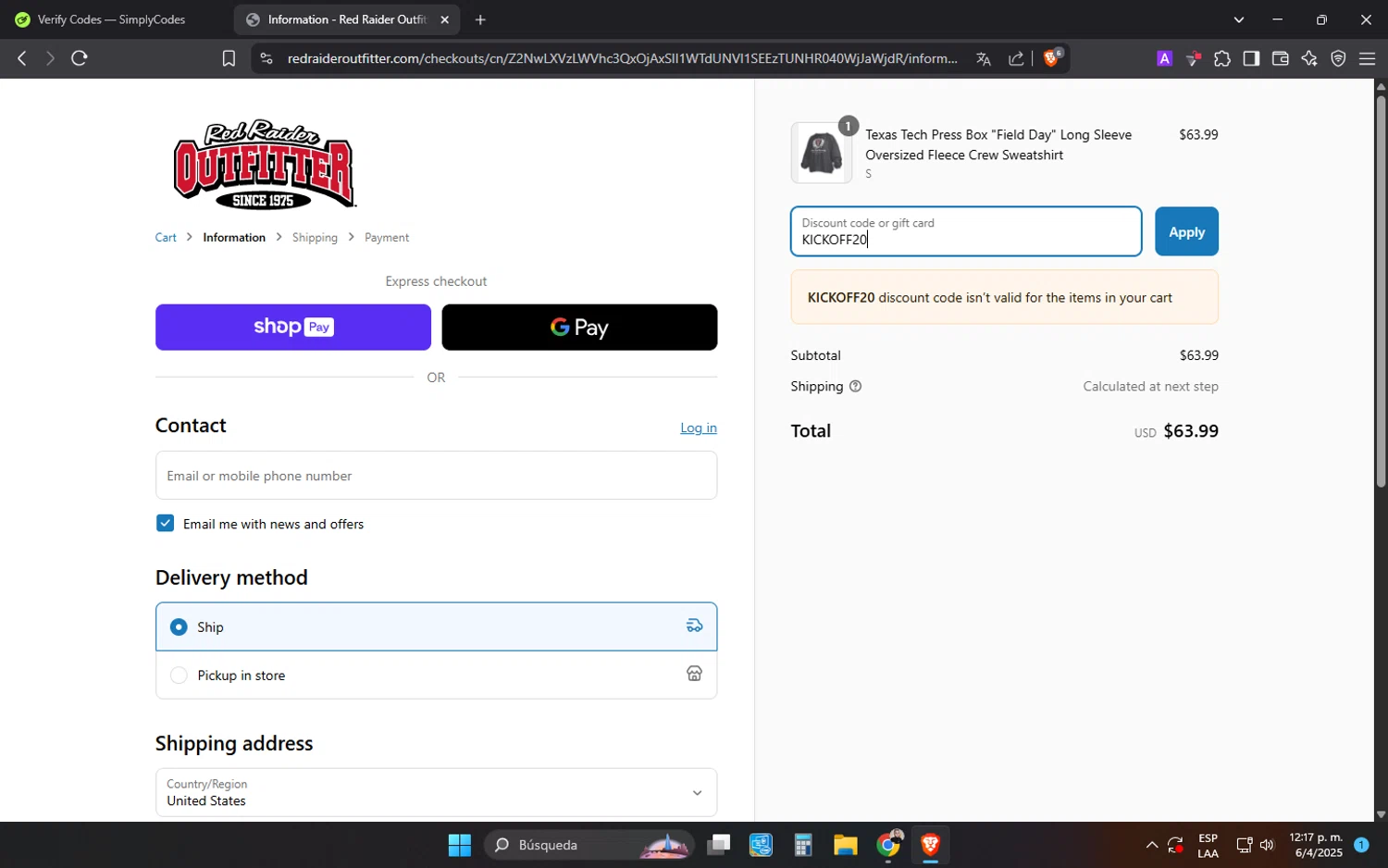 Red Raider Outfitter discount code screenshot showing code KICKOFF20 applied at Red Raider Outfitter checkout page. Uploaded by SimplyCodes community member MonkyDLuffy on Apr 6, 2025