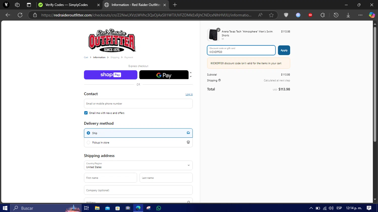 Red Raider Outfitter discount code screenshot showing code KICKOFF20 applied at Red Raider Outfitter checkout page. Uploaded by SimplyCodes community member LegendaryFox3474 on Apr 6, 2025